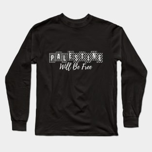 Palestine Will Be Free Palestinian Arabic Hatta Kufiya Pattern white on black Long Sleeve T-Shirt